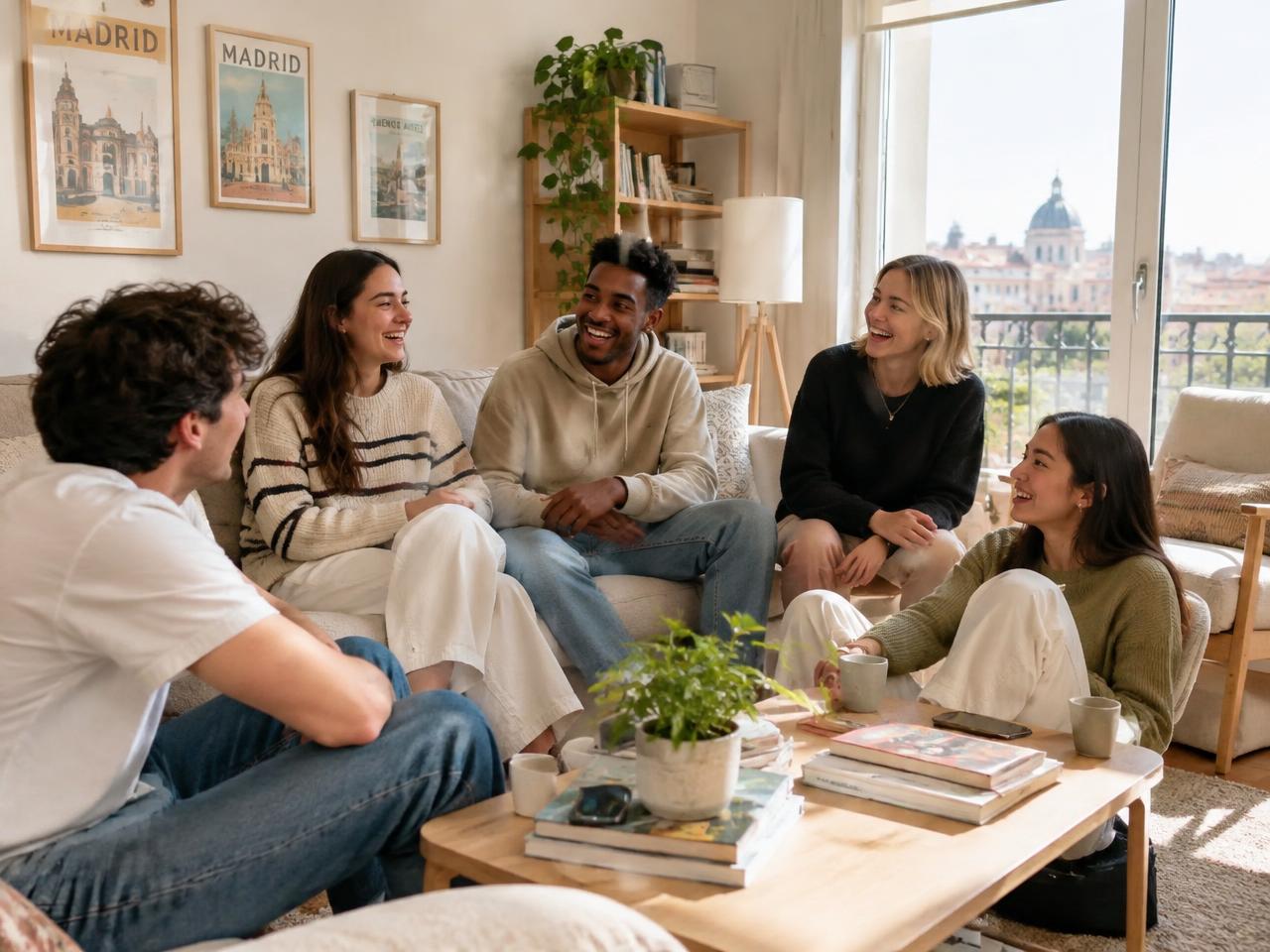 Students laughing together in a bright shared living room in Madrid